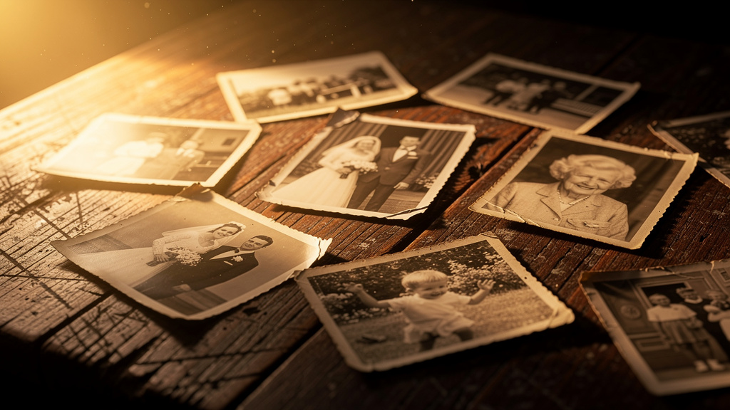 Fading family photographs representing memories lost to time